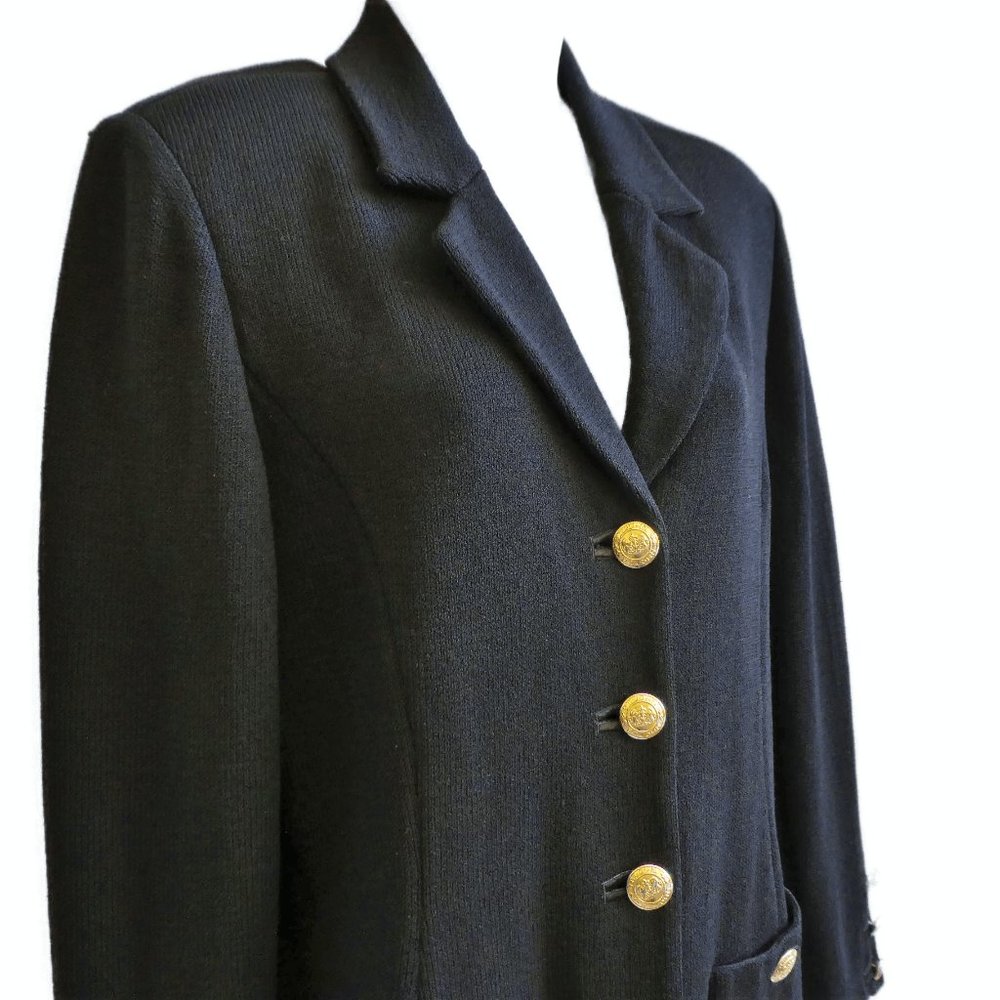 St John Basics Blazer Jacket Black Santana Knit Logo Gold Buttons Pockets USA 6 - Picture 5 of 10